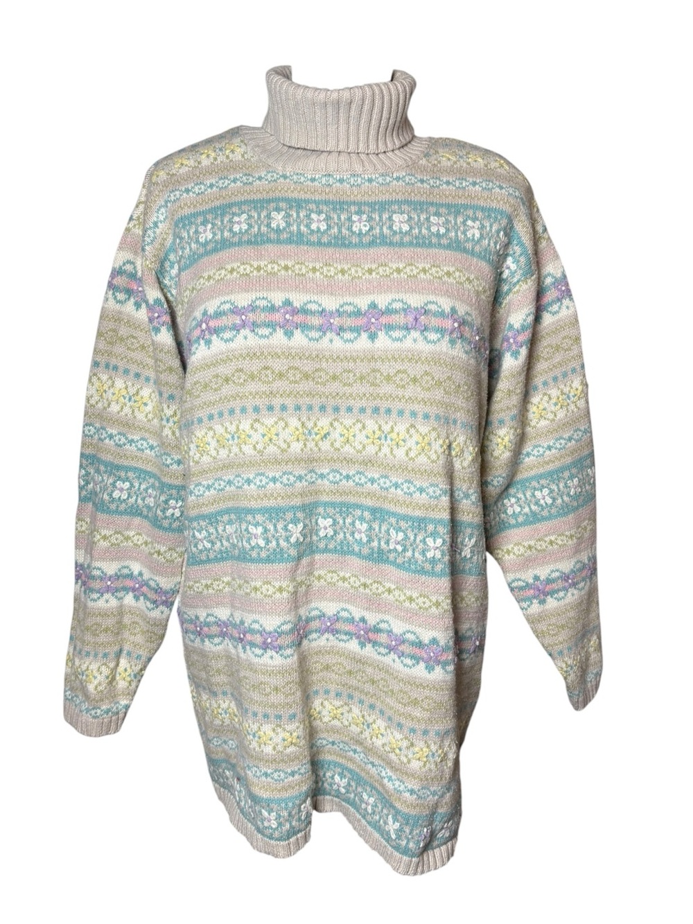Paul Harris Design L Pastel Fair Isle Turtleneck Sweater Embroidered Floral